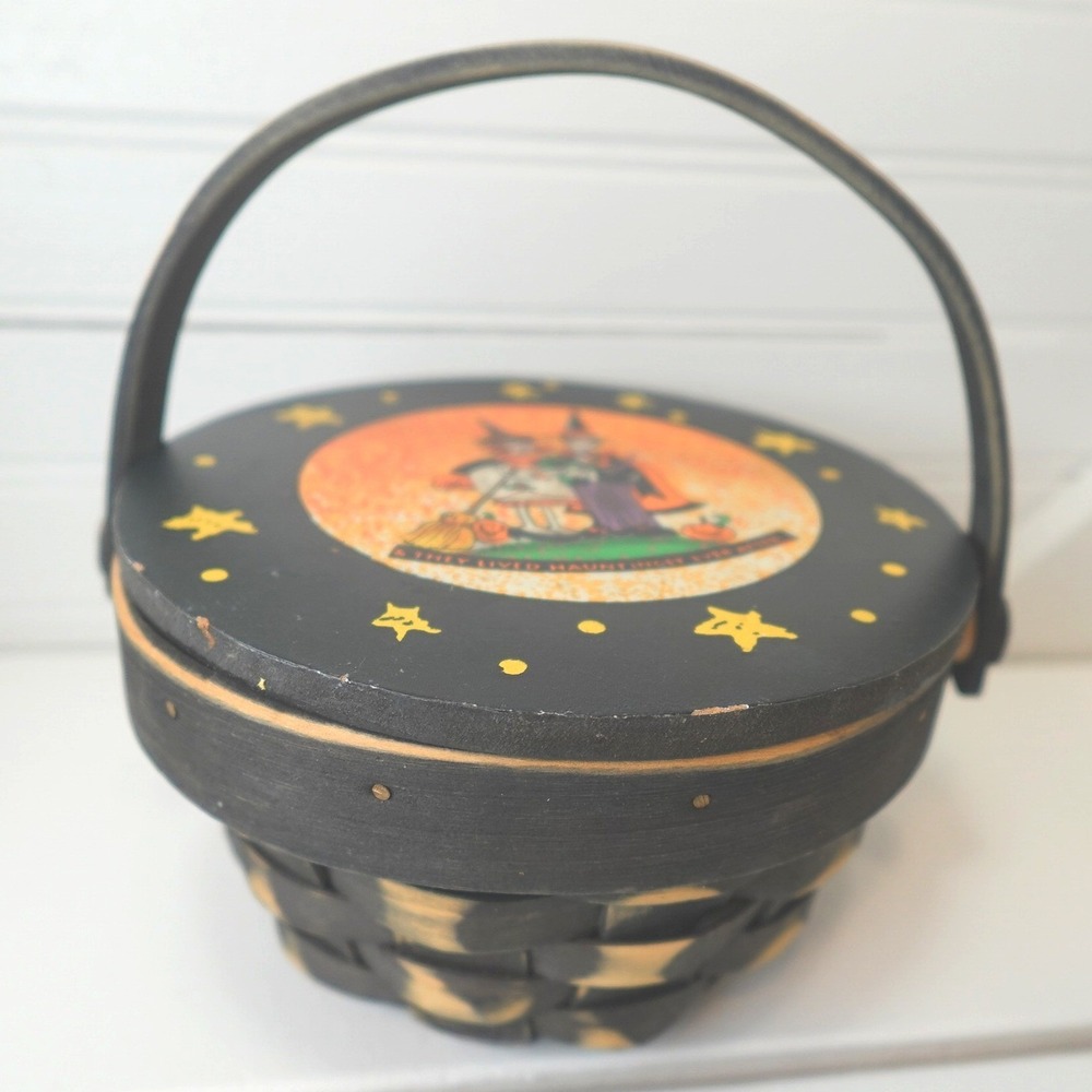 Vintage Halloween Basket w/ Lid & Handle Painted Cute Bride & Groom Wedding